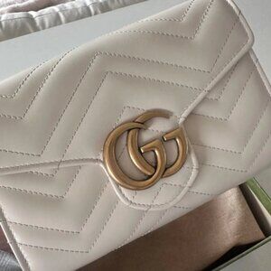 GG Marmont mini shoulder bag, white and beige quilted logo leather